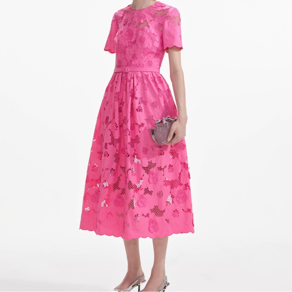 New! Self-Portrait Hot Pink Floral Lace Midi Dress